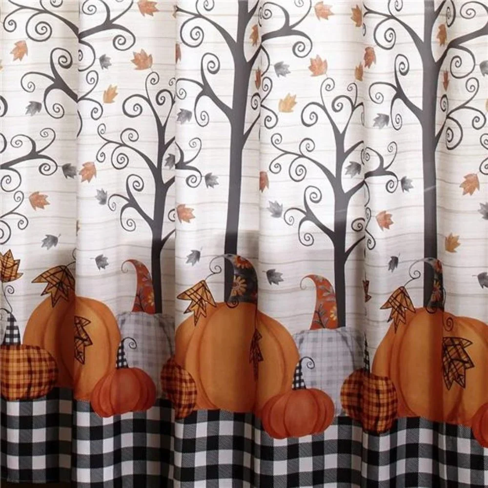 Pumpkin Bathroom Shower Curtain with Floral Autumn Accents & Thanksgiving Decor